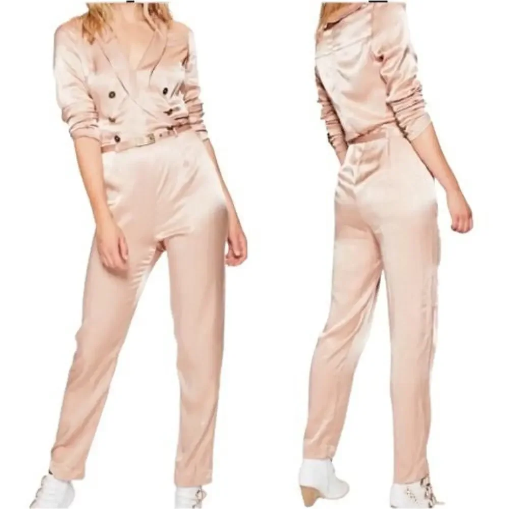 Free People Jumpsuit Womens Sz 8 Mystic Tan Pink Satin Silky Glam Festival Party